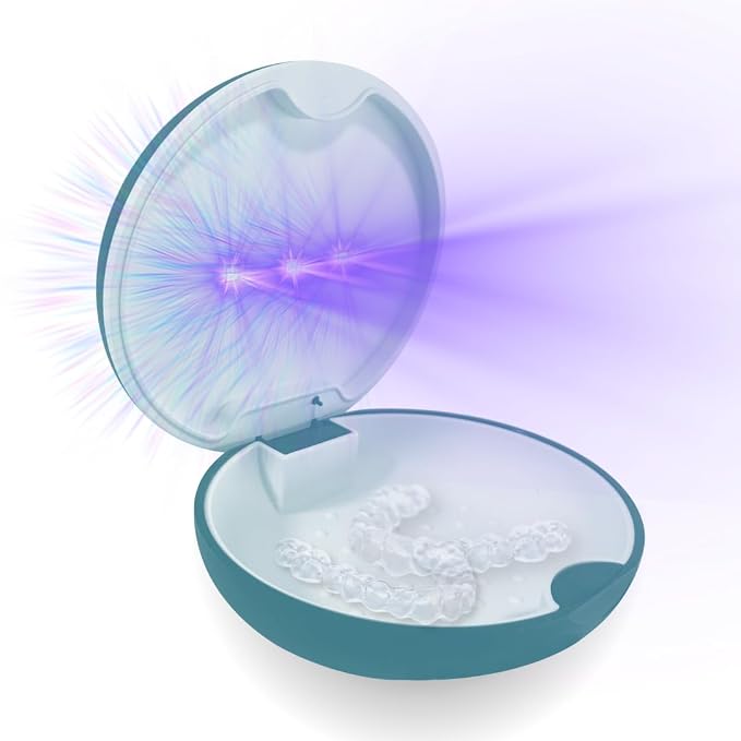 TARE & co muted teal case open with clear aligners; seller image includes illustrated UV rays
